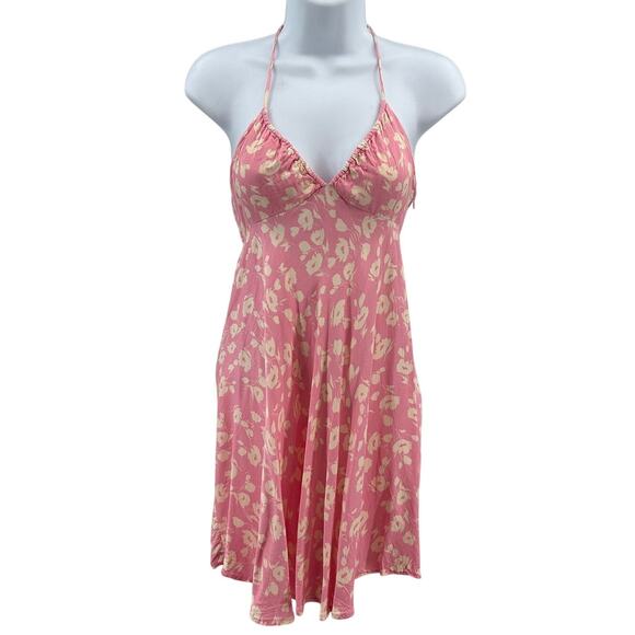Zara Mini Dress Sz S Pink Cream Floral Halter Smocked V-Neck Flare Soft Summer - Picture 1 of 11